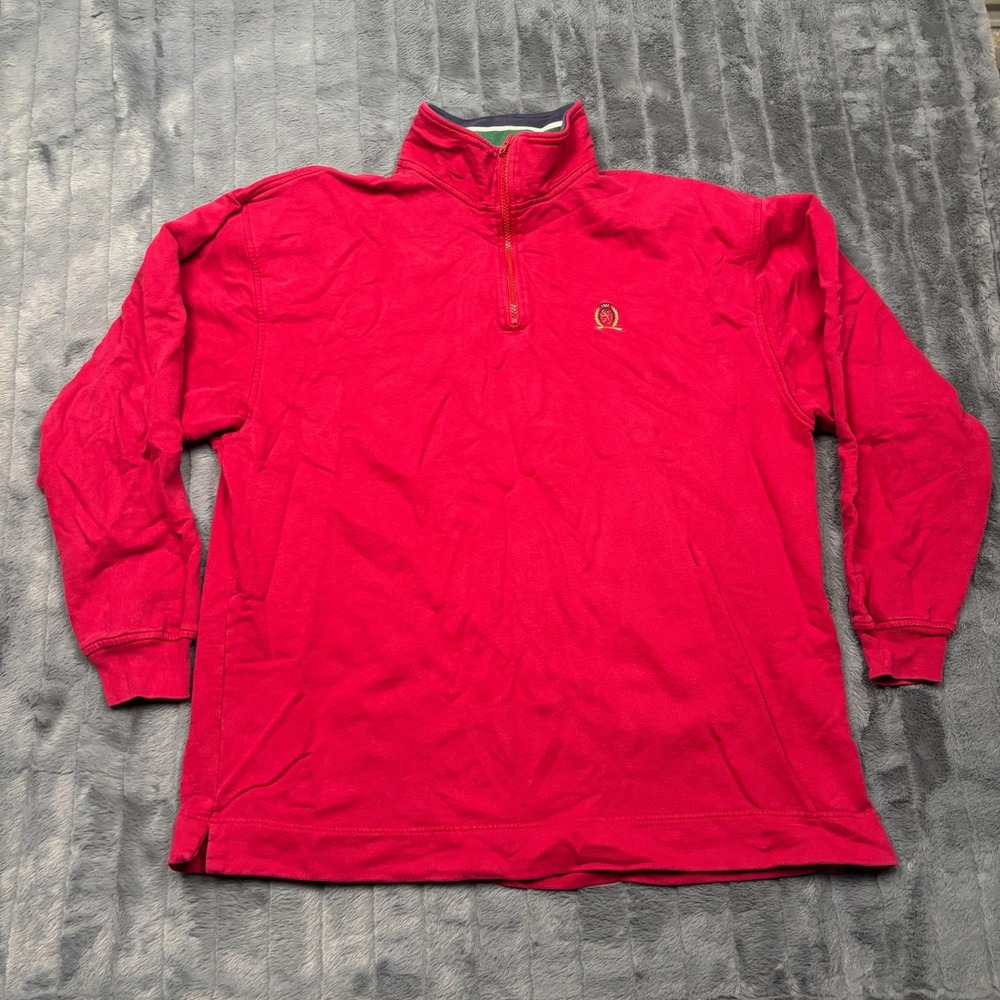 Tommy Hilfiger Mens Red Quarter Zip Pullover Cotton Crest Logo Sweater Large